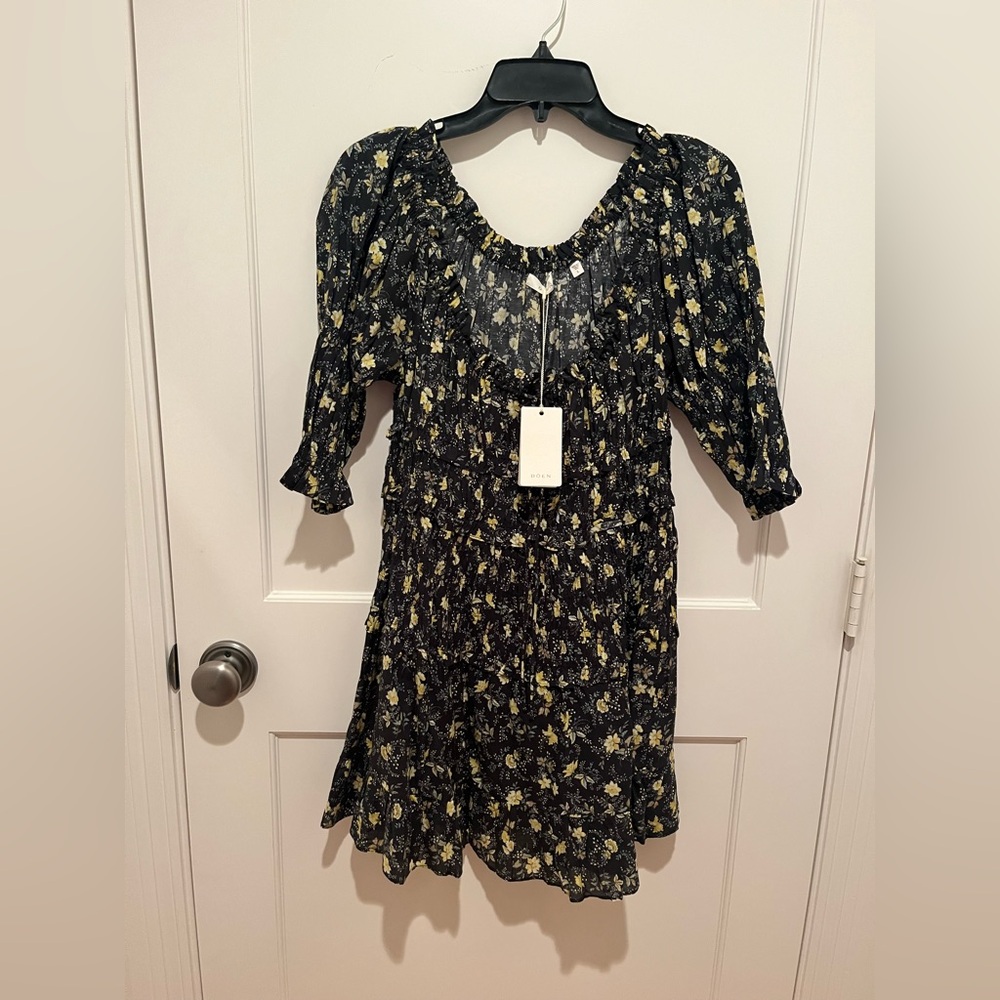 Doen Ismene Black Mini Dress with Yellow Floral Print